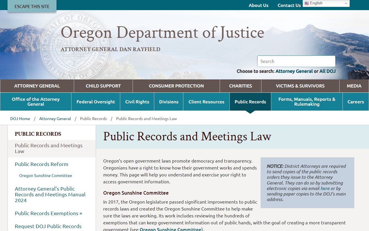 Oregon Department of Justice public records law guidance for released inmates records
