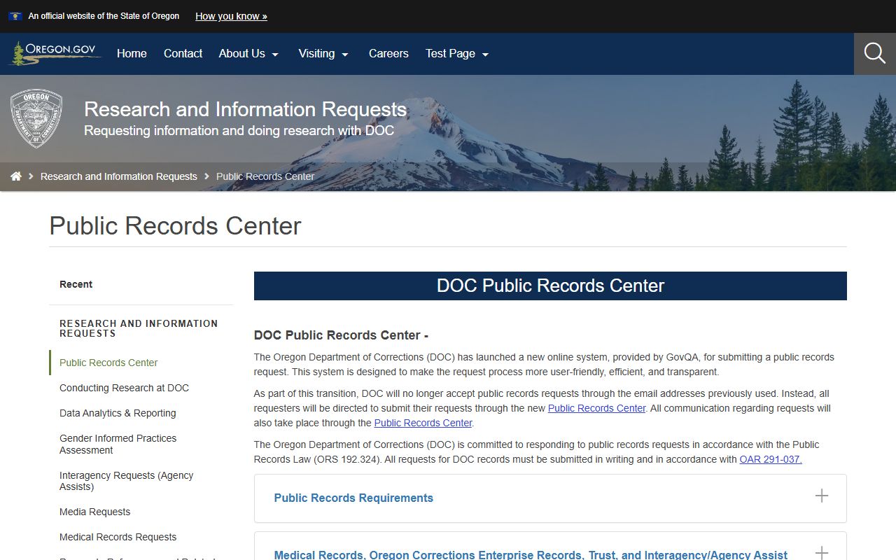 Oregon DOC Public Records Request Center for released inmates information