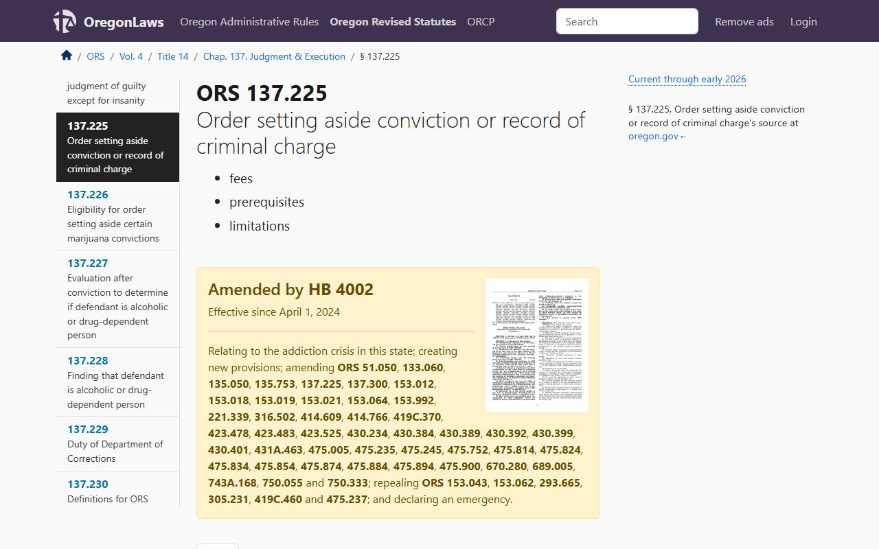Oregon Revised Statutes on expunction of released inmates records
