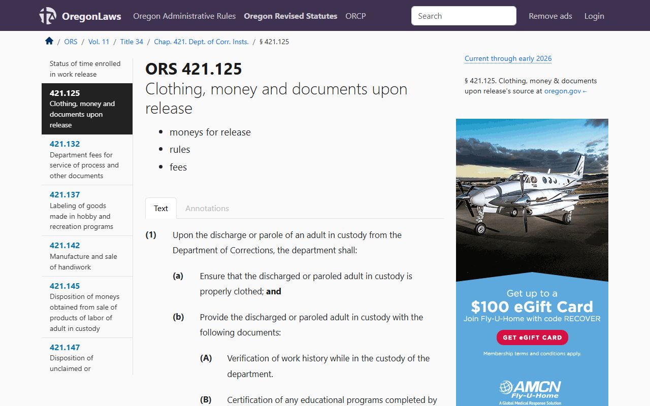 Oregon statutes on release funds and discharge documents for released inmates