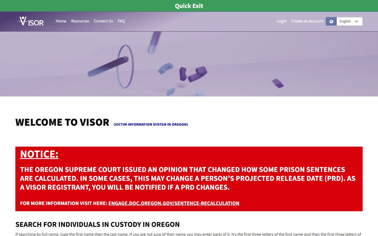 VISOR notification system for Oregon released inmates status updates